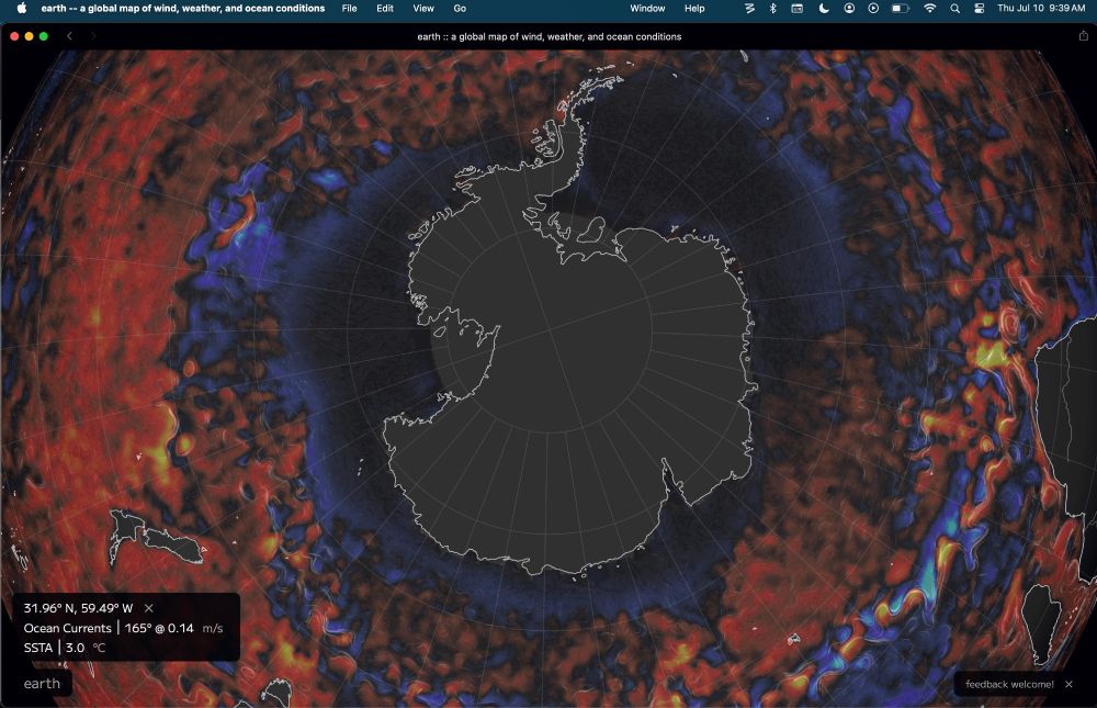Earth.school.net visualization of SSTA around Antarctica 2024-07-08