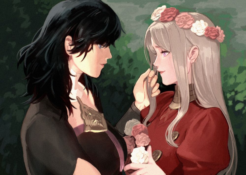 byleth and edelgard facing each other, looking at each other tenderly. edelgard holds a garland intended for byleth while wearing a garland on her head. byleth is gently stroking edelgard's hair bro im gay