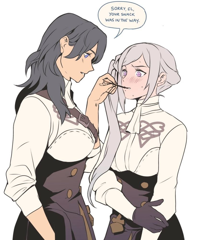 byleth replaces the chocolate biscuit stick snack into edelgard's mouth, saying "sorry, el, your snack was in the way"