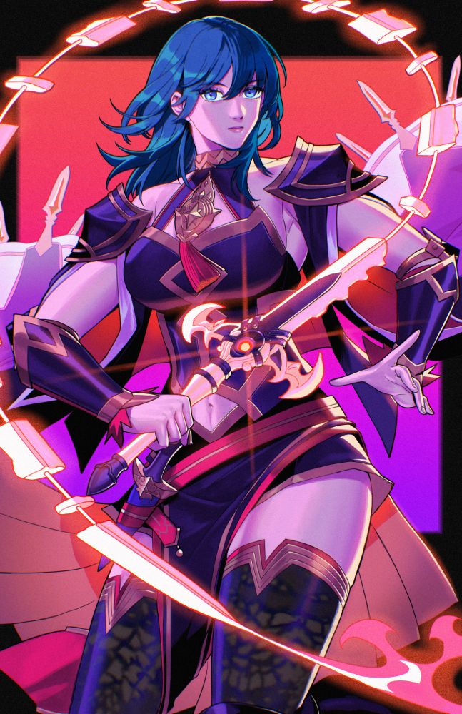 byleth from fire emblem three houses in her resplendent alt. she stands in the center of the frame, and her sword of the creator is arcing around her