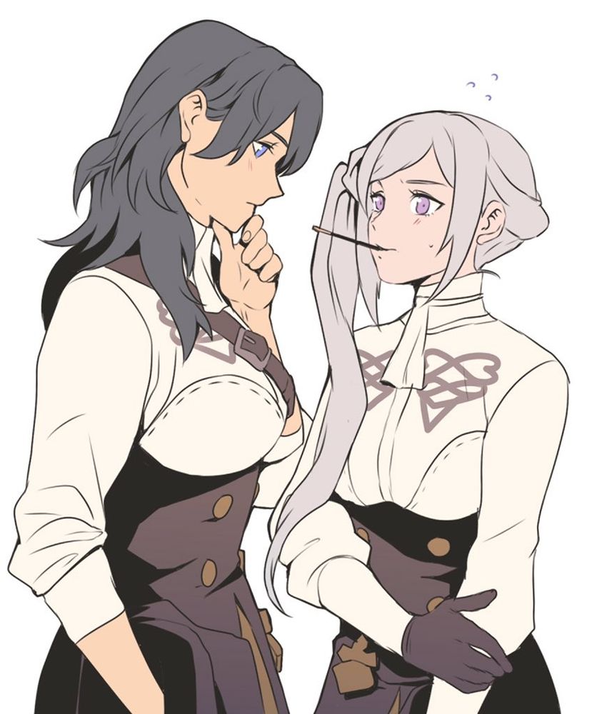 byleth is perplexed as to why edelgard is presenting a chocolate biscuit stick snack with an expectant look

please note that the summer uniforms are modified in a way to my own liking