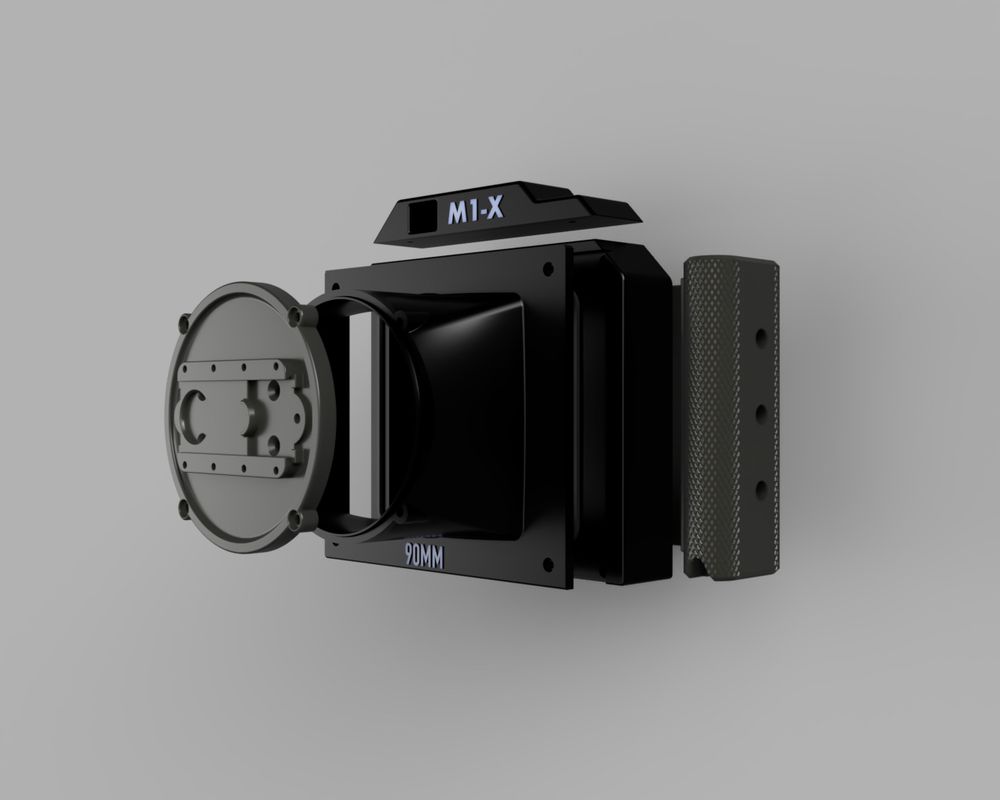 3D rendering of a modular, 3D printed 4x5 camera