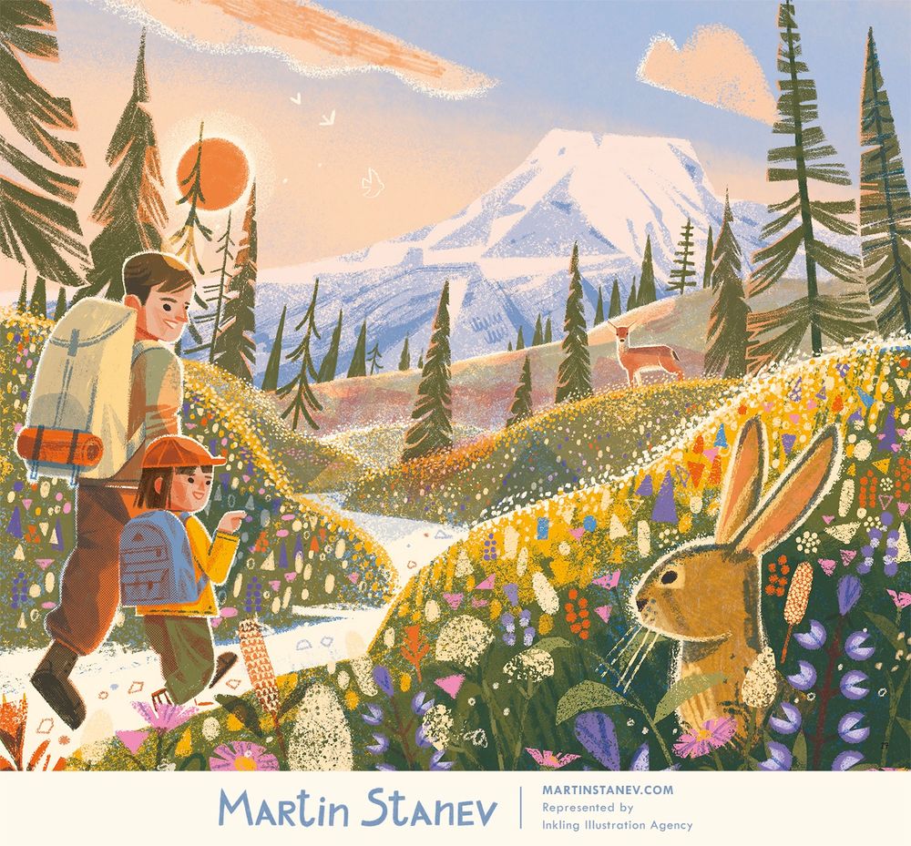 An illustration depicting a parent and child walking through a flower meadow at sunset. The child is pointing to a hare in the foreground and you can spot a deer in the distance. A snowcapped mountain peak stands tall in the background. 