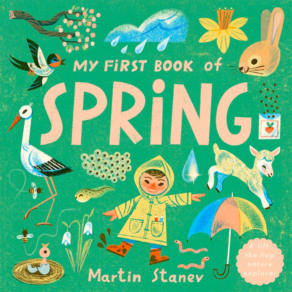 A cover concept for a children’s board book titled ‘My First Book of Spring’. Featuring icons of different spring-related animals, plants and objects. The hand-rendered typography is light pink and the background colour is a light emerald green. 