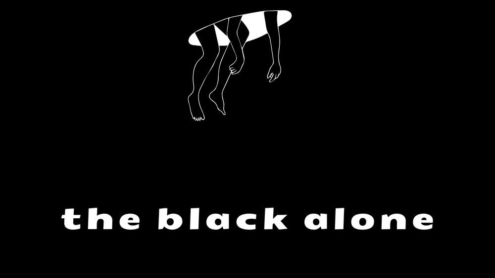 Black and white graphic with body dangling from the top in black, black background and bold white font centered at the bottom. 