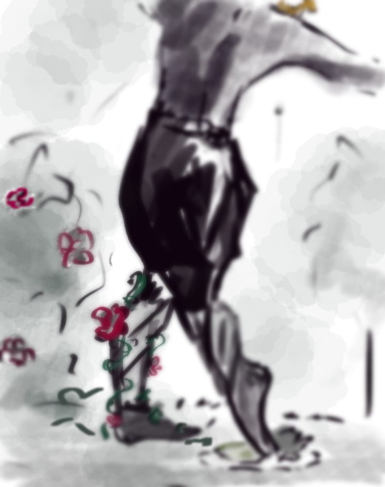 A sketch of Vessel from Sleep Token, dancing ballet, with one leg entangled in roses, and the other touching a landmine, referring to the lyrics of the song Caramel 