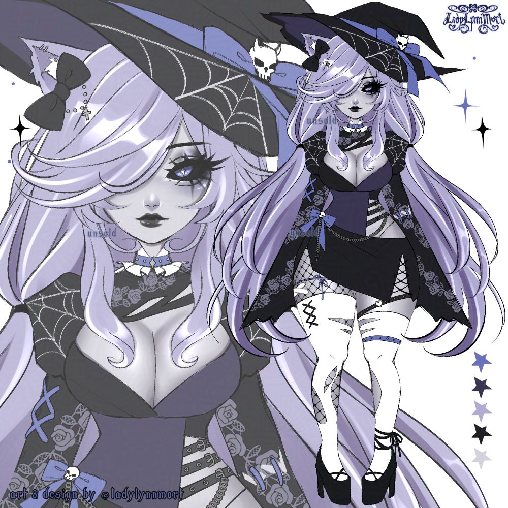 adoptable phantom witch. she has long lavander hair and wears dark clothes with skulls and spiderweb details. her makeup is also dark and she has blue/purple-ish eyes, one eye being covered by her hair.