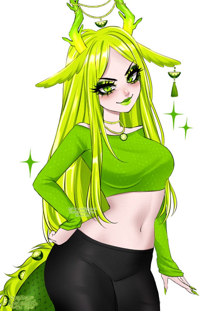"skeb / surprise me" commission. the character has horns, vibrant long green hair, a green top and is wearing black leggings. they also have a tail with slices of limes.