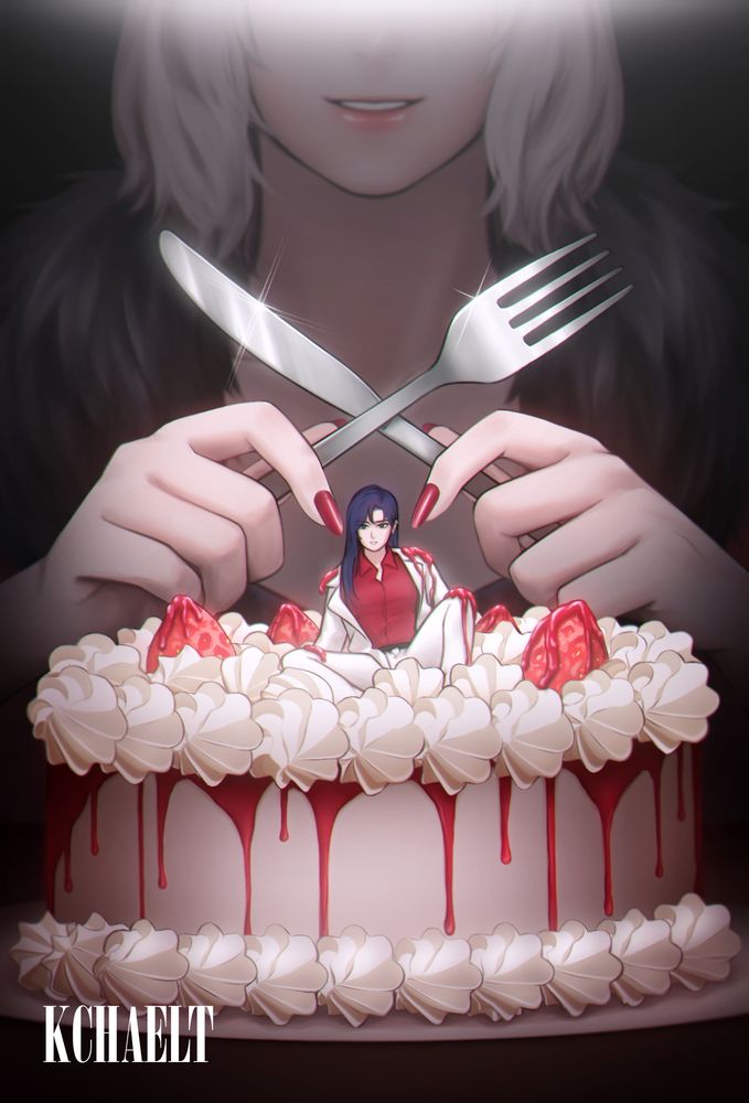 Junko sitting on top of a strawberry cake with whipped cream and dripping "strawberry syrup 🩸~" . Then behind her is Valen, smiling as she holds a knife and fork.