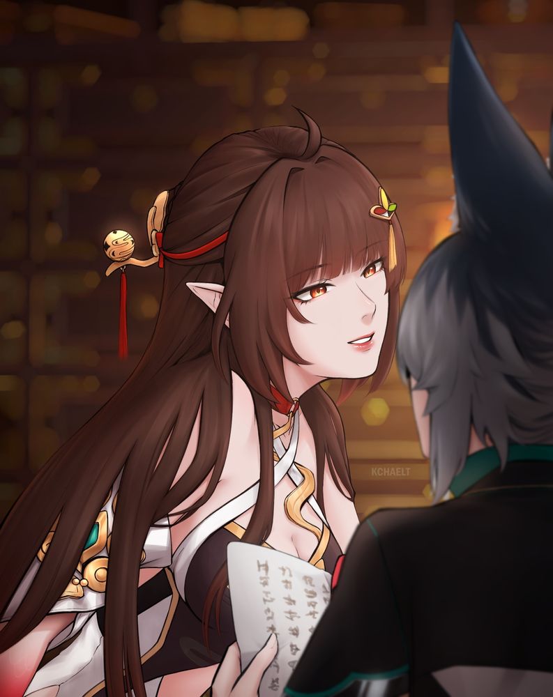 Lingsha sitting on top of Zhiruo's desk, leaning forward with a teasing, yet warm expression. Her index finger hooking down Zhiruo's notes to steal her attention. Then there's Zhiruo, still with her notes in her hand, looking up to Lingsha who finally caught her attention.

ASJHDGJAS also, a copy+paste HC from my fb post...😭😭
---------
An hc in mind where Lingsha challenged Zhiruo to guess a certain ingredient from an herbal medicine she made.
Naturally, being born from a lineage of (medicinal) herbal merchants/pharmacists, Zhiruo guessed it right away,,, , but Lingsha was in the mood for the teasings and lied to Zhiruo, said she's wrong. Zhiruo was puzzled, but she didn't question Lingsha and instead studied the refined herbal powder and gave Lingsha more answers.....only to end up always "wrong" 😭😭

Days and nights passed, Lingsha noticed Zhiruo taking too much effort into identifying the secret ingredient, to the point that Zhiruo sometimes sleeps late at night just to get the right answer and earn Lingsha's approval.... Meanwhile, Lingsha didn't mean for Zhiruo to take it seriously, she didn't expect she would act like this over it, ,,, Zhiruo had no idea that Lingsha was only teasing~ 😭😭💥

Although Lingsha thought that Zhiruo looked cute being worked up like this just to get her approval, Lingsha couldn't bear to see Zhiruo losing sleep anymore...and so finally told her to quit it~ 👁️👄👁️
Sat on top of Zhiruo's desk and hooked Zhiruo's notes down with her index finger, ,enough for Zhiruo to peek into her eyes and finally notice her presence~
thennn the rest of the convo happened as Lingsha finally confessed to Zhiruo that she's teasing all along~