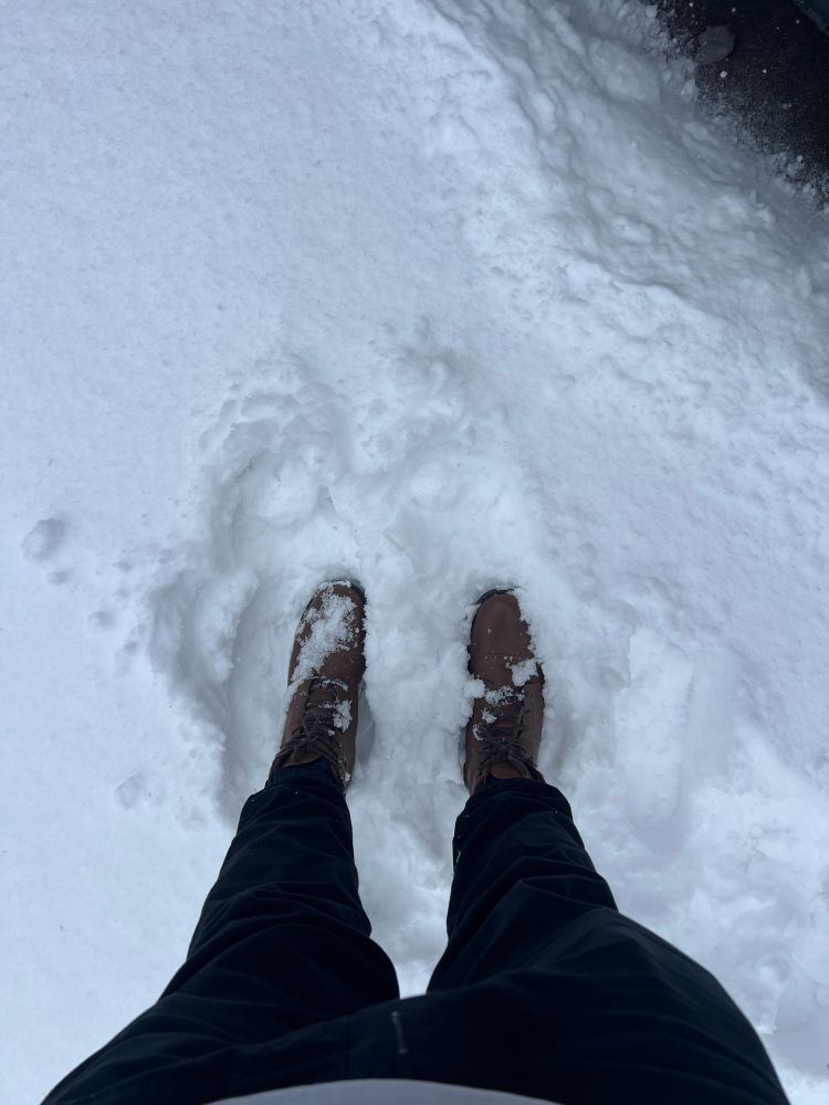 Me wearing my brown boots, but in the snow!