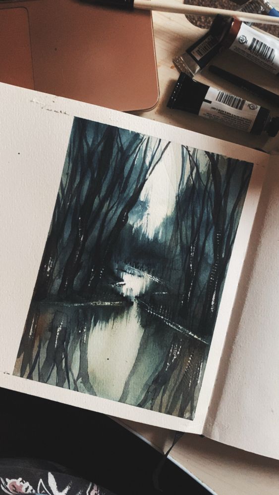 A watercolour painting of a spooky swamp 