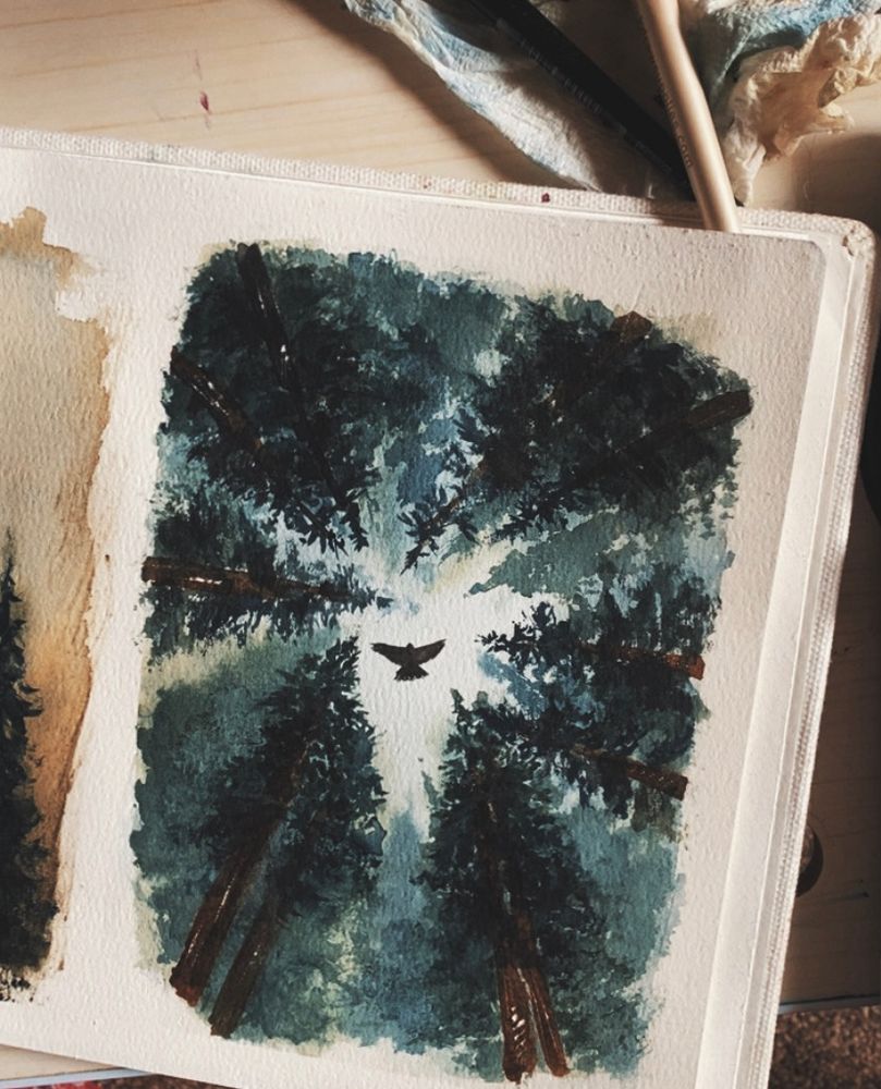 A watercolour painting of overhead trees with a bird flying in the centre