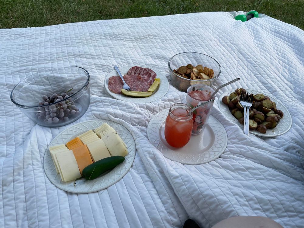 Frozen candy grapes, homemade strawberry lemonade, roasted red potatoes, assortment of cheeses (pepperjack/muenster/gruyere/sharp cheddar), assortment of meats (for Haley), a rogue jalapeno to crunch, and a couple spicy pickles