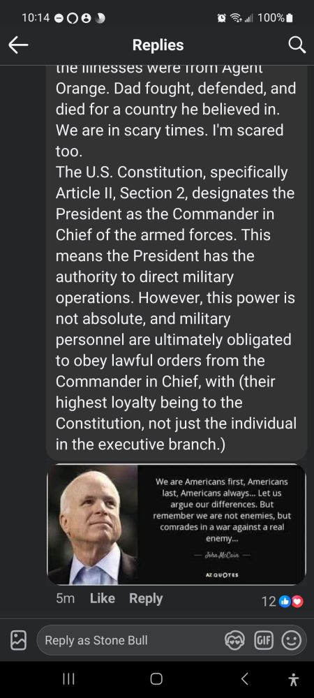 Dad was sick a lot. The VA agreed the illnesses were from Agent Orange. Dad fought, defended, and died for a country he believed in.
We are in scary times. I'm scared too. specifically
The U.S. Constitution, Article II, Section 2, designates the President as the Commander in Chief of the armed forces. This means the President has the authority to direct military operations. However, this power is not absolute, and military personnel are ultimately obligated to obey lawful orders from the Commander in Chief, with (their highest loyalty being to the Constitution, not just the individual in the executive branch.) 

On the bottom is a picture of John Mcain, next to a quote. 
"We are Americans first, Americans last. Americans always, let us argue our differences. But remember we are not enemies. But comrades in a war against a real enemy."