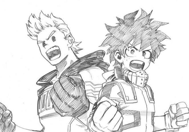 desenho de lápis de Togata Mirio e Midoriya Izuku (Deku), personagens do mangá Boku no Hero Academia em uma pose pronta pra luta