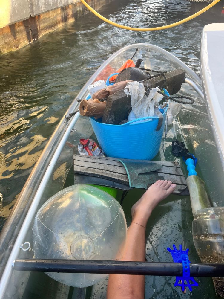 Full kayak after about an hour and half in the mangroves. The photo shows a kayak filled with trash. 
Microplastics, bottle caps, toothbrushes, plastic bags, flip flops, hats, trap debris, pool noodles, beach balls, floats, tarps, etc if you can think of it I’ve probably pulled it off the shoreline. Even found a sex toy during an organized clean up and won most unique item😵‍💫😣