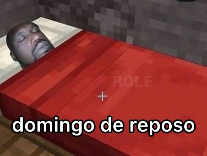 meme de um cara dormindo na cama do minecraft e um texto "domingo de repouso"