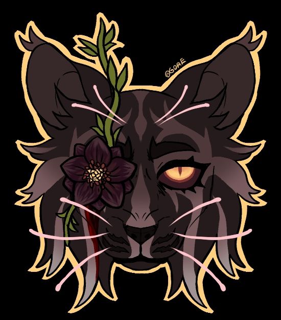 A maroon striped she with yellow eyes and a flower blooming from her right eye.