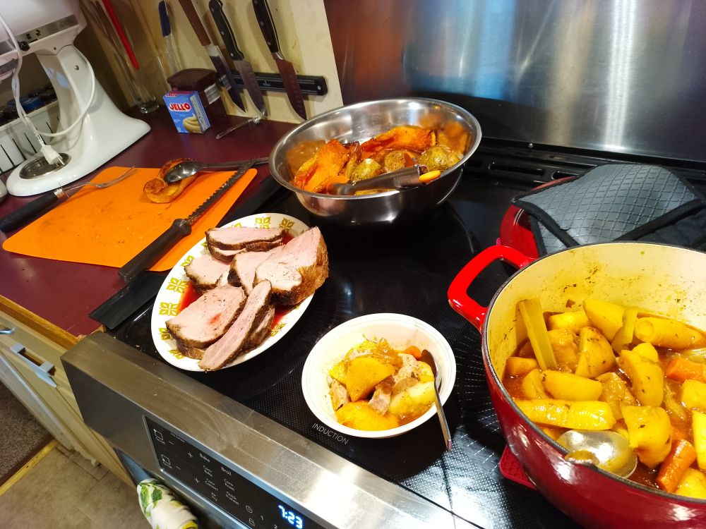 Roast veg, sliced meat, stewed veg and pot liquor 