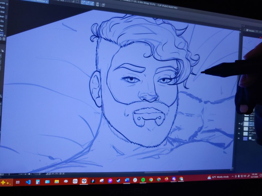 Photo of a drawing of a man smiling at the camera, hand behind his head.