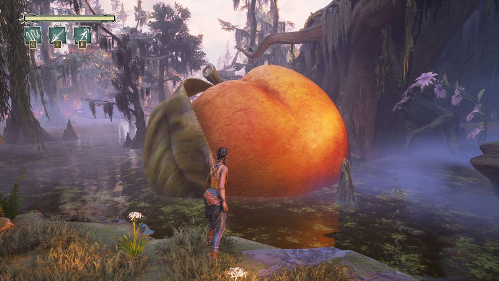 Hazel looking at a giant peach in the swamp 