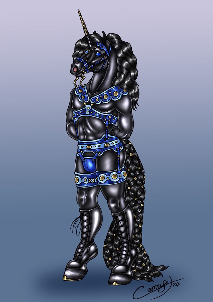 Black Unicorn Anthro wearing Blue and gold Medieval tack
