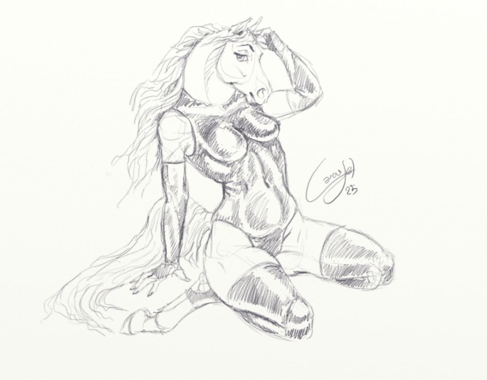 Anthro mare kneeling, wearing latex, sketch