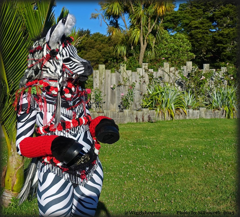 Zebra is named 'Carousel' and inspired by carousel horses
Black white and red tack with roses, beads, gemstones, ribbons, bells and butterflies.
Zebra striped bodysuit and mask