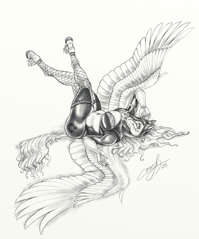 An anthro pegasus lays on her back with legs up in the air and crossed over in a pin-up pose.
She is wearing fishnets and a lace bra set. Her wings are splayed out around her framing the pose.
