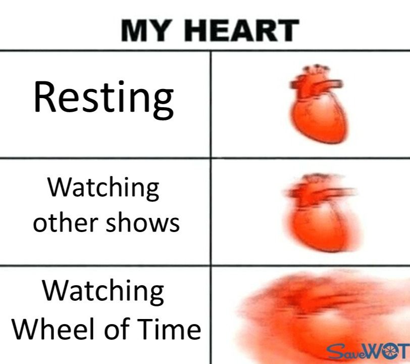 A three-panel "My Heart" meme comparing heart rates. The first panel shows a still heart for "Resting." The second shows a slightly blurry heart for "Watching other shows." The third shows an intensely blurred, streaking red heart for "Watching Wheel of Time." The #SaveWOT logo is in the final panel.