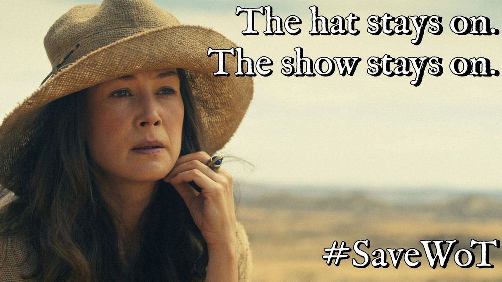 A meme featuring Moiraine from The Wheel of Time looking pensive while wearing a wide-brimmed straw hat. The text plays on a fan controversy about the hat, reading, "The hat stays on. The show stays on. #SaveWOT".