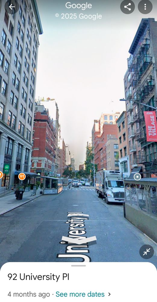 Google maps Street View of 92 University place from 4 months ago showing little traffic and few people parked on the side of the road.