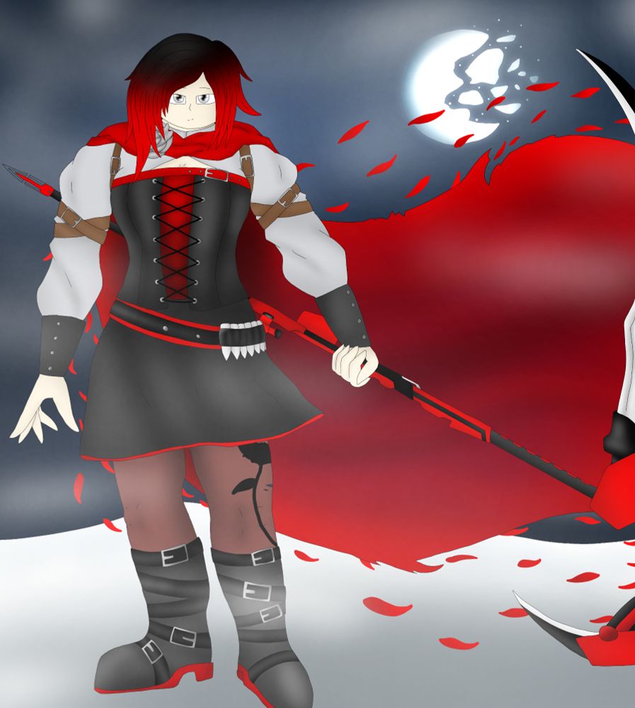 As the wind blows through the night and as snow flies through the gusts of wind, Ruby Rose stands determined with her scythe Crescent Rose by her side. As she stands proud, the moon of Remnant shines bright behind her, with it being shattered and in a crescent shape, the shattered pieces remaining close by.