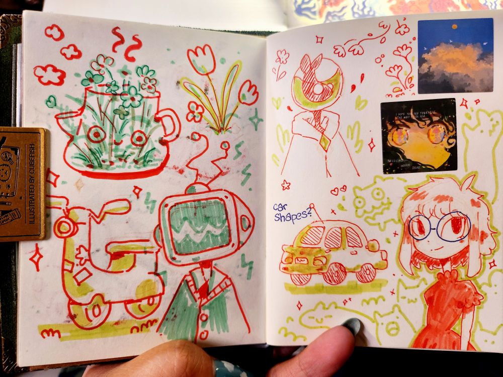 Various sketches of OC characters and a scooter in blue, red and green marker 