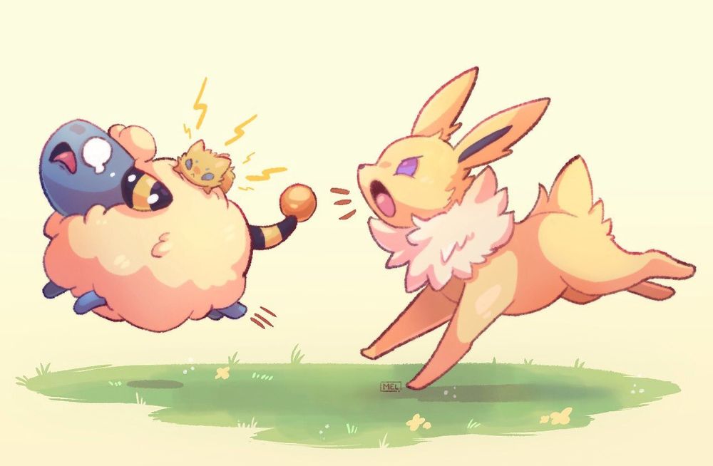 A Mareep with a joltik on it's back being chased by a barking Jolteon