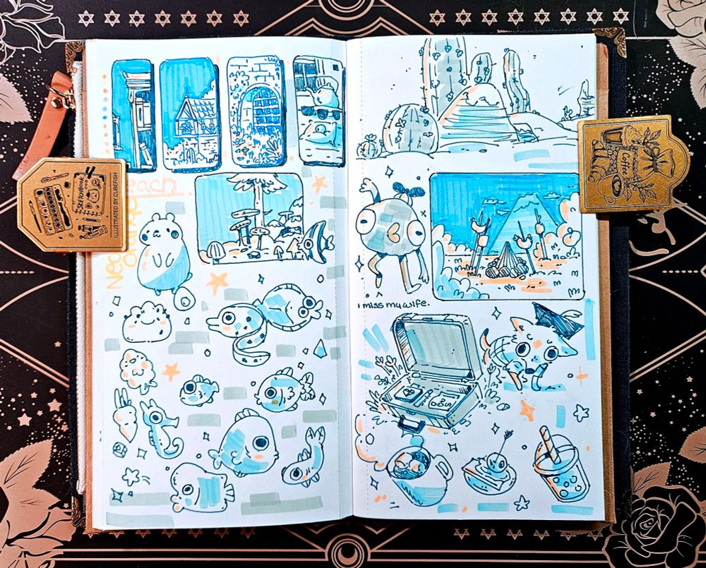 Various sketches of cute aesthetic art in teal ink with orange accents of scenes from Peak the game, Bing Bong, and fish inside of a travelers notebook