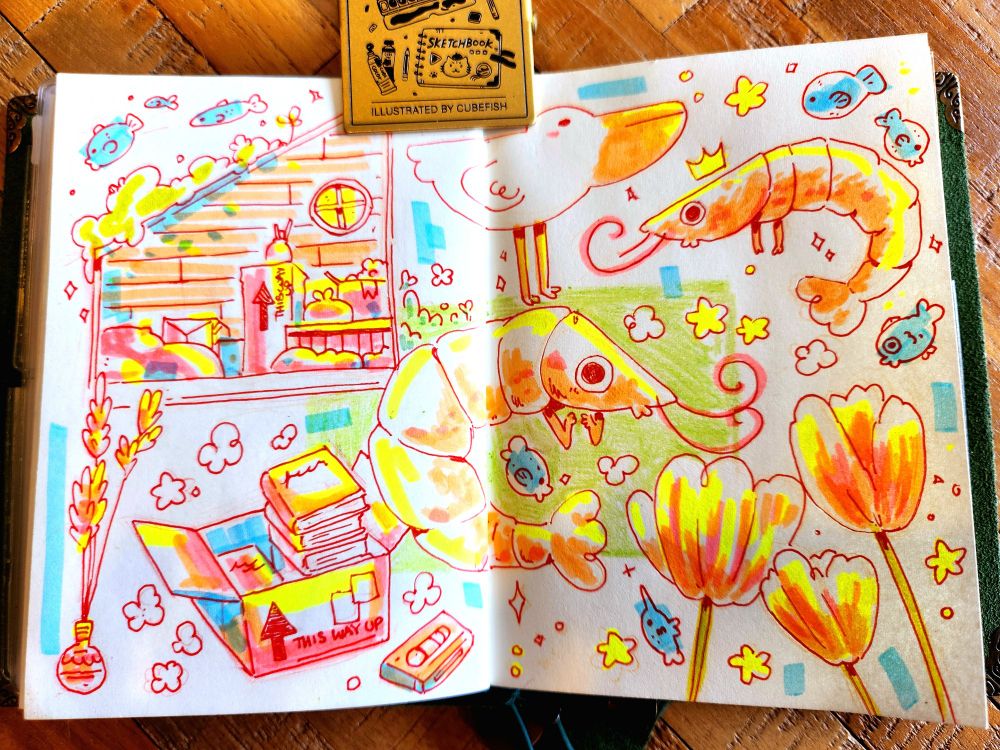 Various sketches in colorful marker of shrimp, tulips and boxes 