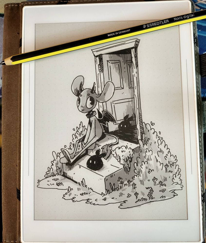 Imp sitting on some stairs with shadow bunnies and foliage around 