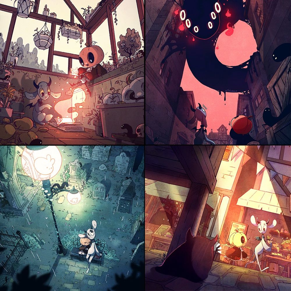 Collage of digital artwork. Top left: two characters summoning ghosts in a greenhouse with autumn colors. Top Right: Two characters looking up at a ink serpent monster in an alley way. Bottom left: Two characters sit in a graveyard at night, one of them is looking up towards the light. Bottom Right: Two characters are walking through a market at sunset with a little creature spying on them.