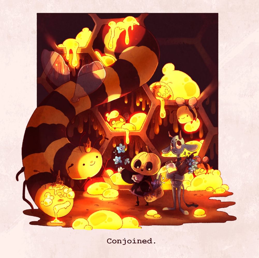An imp and a pumpkin head character meeting a conjoined long bee in a bright hive.