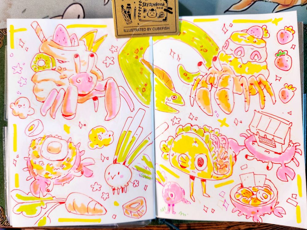 Various sketches of food based crustaceans in pink, yellow and green markers 