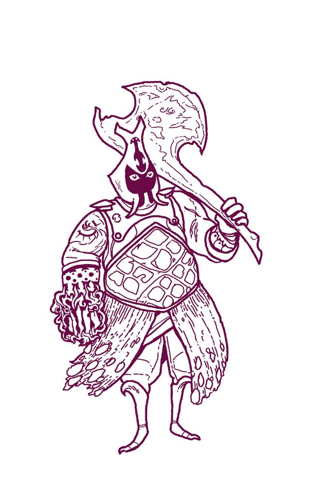Line drawing of a hulking figure in elaborate, weathered armor, their arms bearing the mark of tattoos and scars alike. They wear a helmet that vaguely resembles a beetle and obscures their face - save for their eyes - in utter darkness. Over one shoulder is slung an enormous battleaxe made from dragon bone. Their right hand resembles a shattered claw, the eldritch flames of their patron empowering their dark quest. 