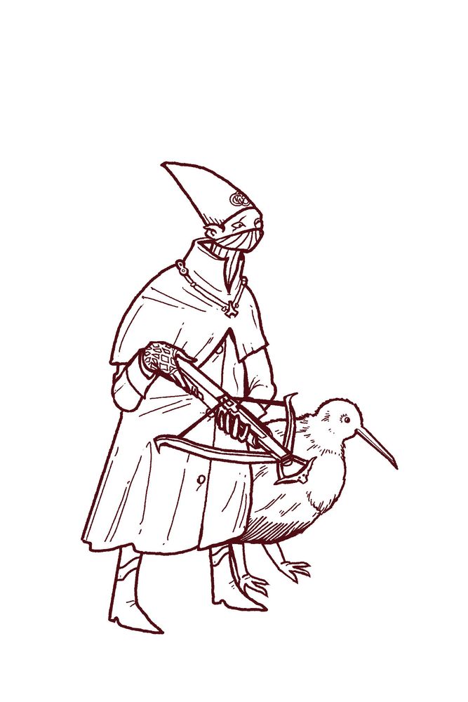 Line drawing of a drow ranger wearing a pointy cap and cape-cloak. They have a scar across one eye, the bottom part of their face covered. In their hands is a hunting crossbow, and at their side is their animal companion, a kiwi bird. 