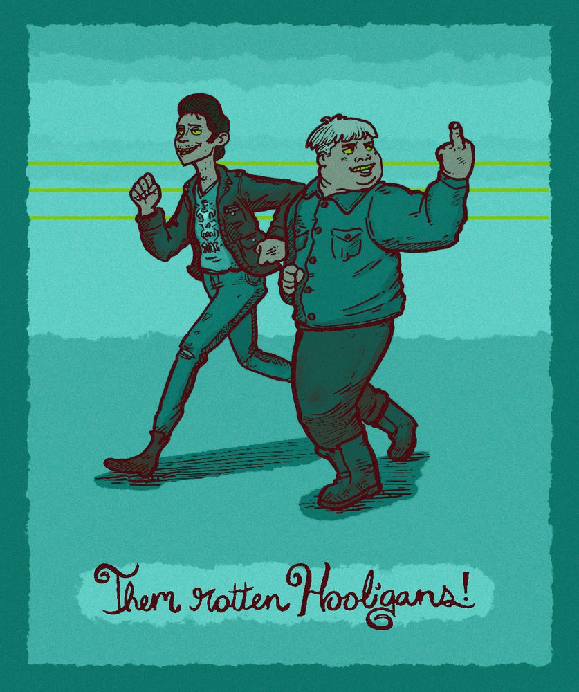 Drawing of two teenagers running away from something offscreen. One is dressed like a greaser, with a ratty lil mustache, a slick pompadour, and a leather jacket. His friend is dressed in a button-up shirt, has big boots and a bowl cut, and is flipping someone the bird.