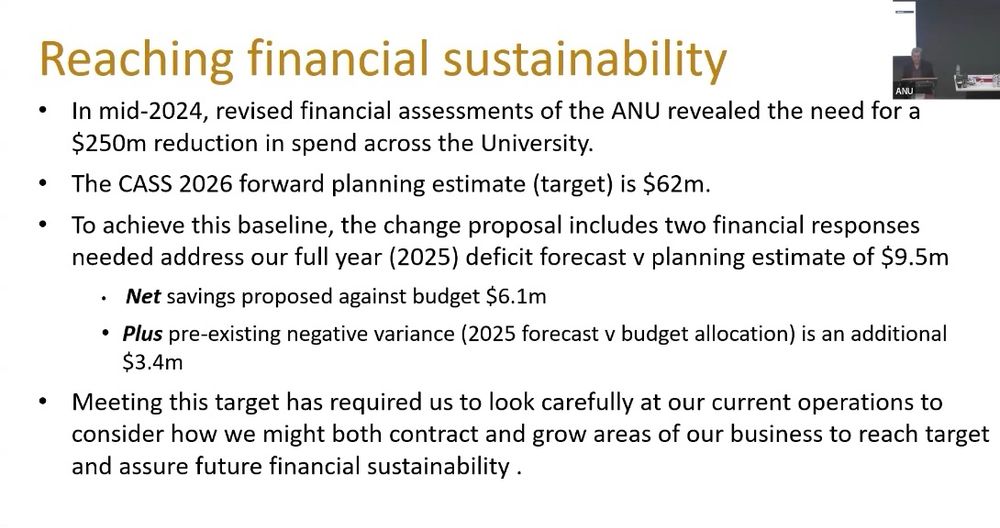 Reaching financial sustainability
ANU
• In mid-2024, revised financial assessments of the ANU revealed the need for a $250m reduction in spend across the University.
• The CASS 2026 forward planning estimate (target) is $62m.
• To achieve this baseline, the change proposal includes two financial responses needed address our full year (2025) deficit forecast v planning estimate of $9.5m
• Net savings proposed against budget $6.1m
• Plus pre-existing negative variance (2025 forecast v budget allocation) is an additional
$3.4m
• Meeting this target has required us to look carefully at our current operations to consider how we might both contract and grow areas of our business to reach target and assure future financial sustainability .