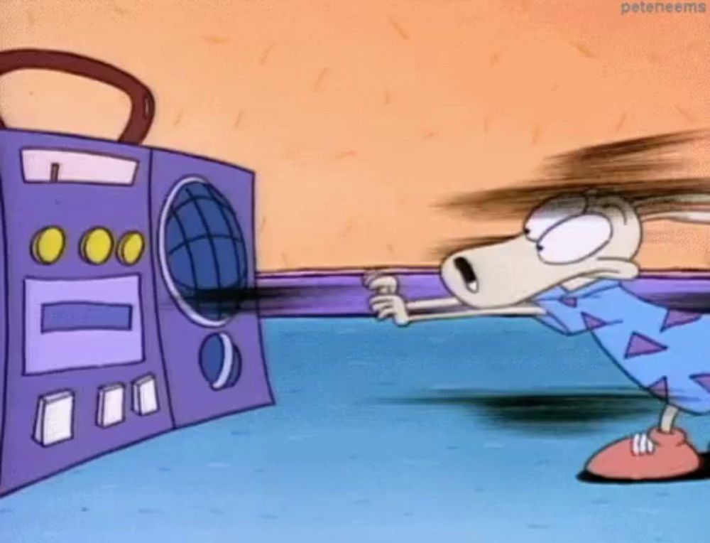 a cartoon dog is standing in front of a boombox with a globe on it .