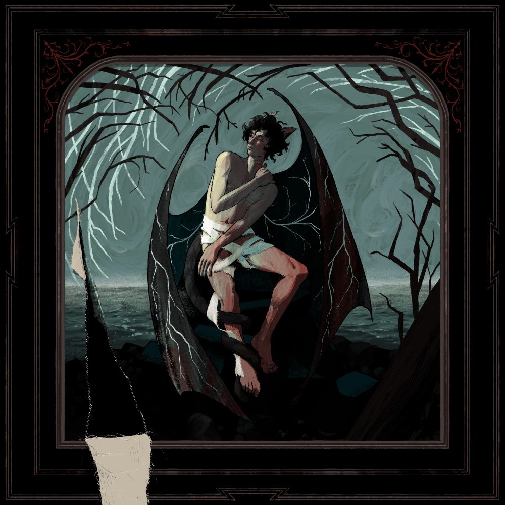 Digital painting of a humanoid figure with cat ears and large black wings, theyre in the middle of a picture frame and the canvas has a large rip towards the bottom. surrounding them is a moody ocean, a grey sky and large bare tree branches, the mood is somber 