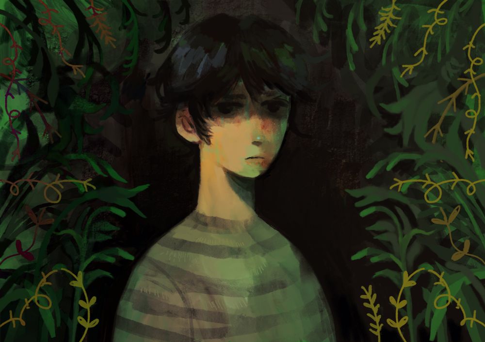 Digital painting of a young man standing in front of a wall, there are leaves and foliage all around him 