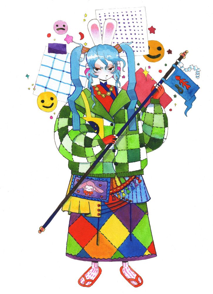 Watercolor piece of a blue haired rabbit person in a green patchwork coat and colorful outfit holding a flag pole with a flag with fish bones on it